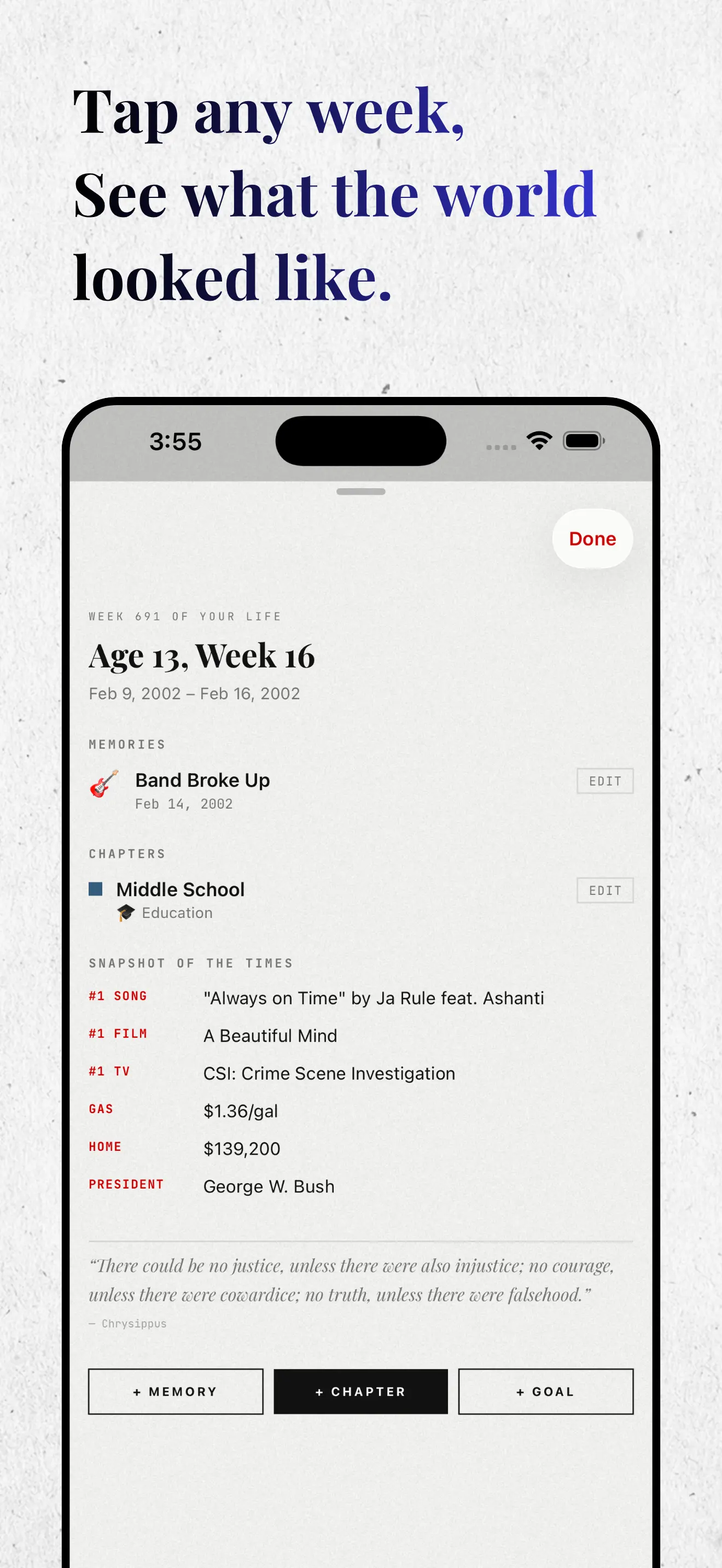 Your Life Weekly — Timeline with chapters, memories, and goals