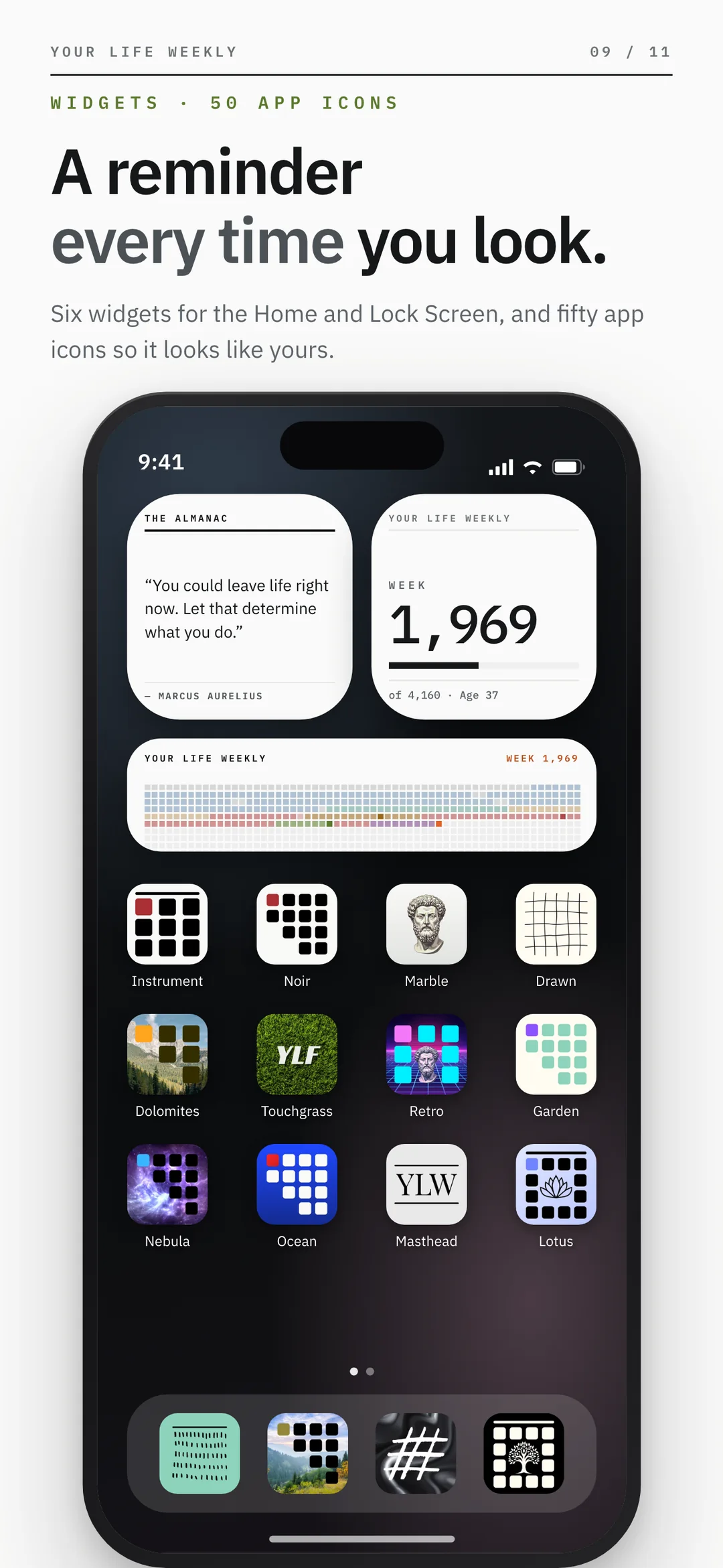 Your Life Weekly — home and lock screen widgets, and fifty custom app icons