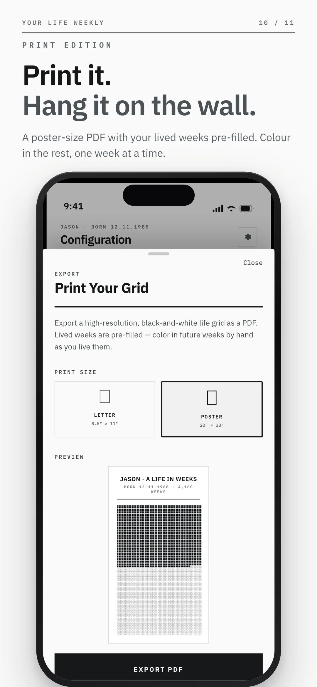 Your Life Weekly — print your grid as a letter or poster sized PDF with lived weeks pre-filled